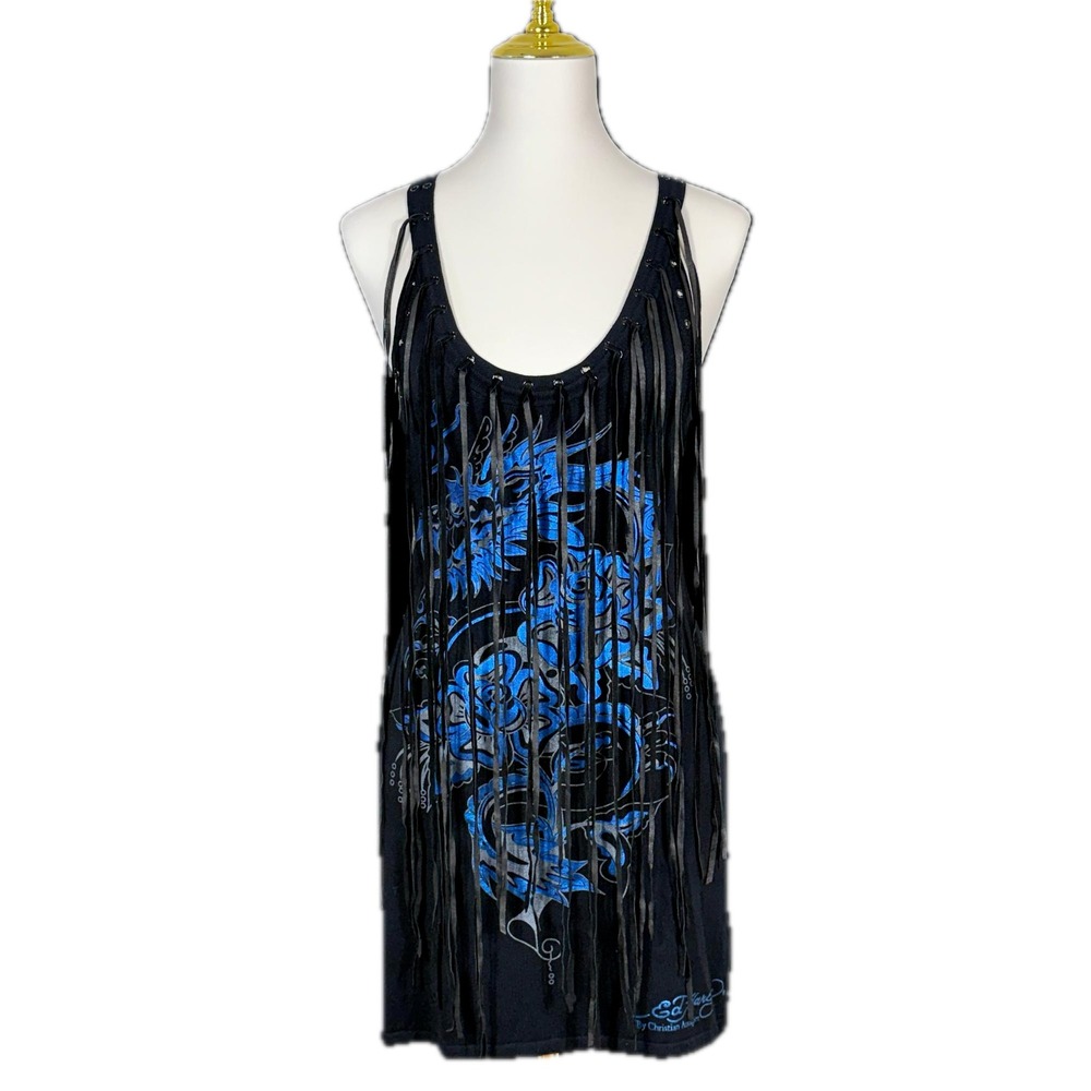 Vintage Y2K Ed Hardy Fringe Blue Metallic Dragon Stretchy Dress XL Edgy Leather‎